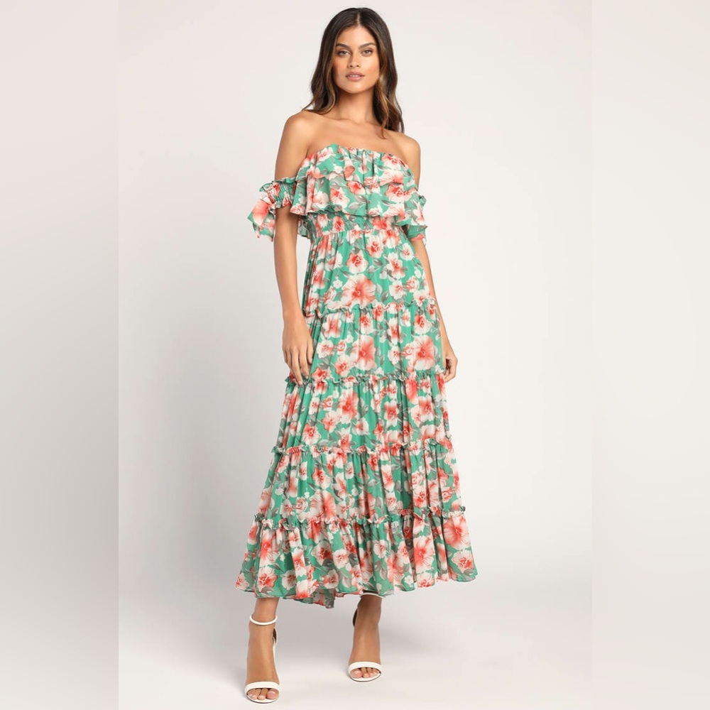 Lulu’s Chance For Us Green Floral Off-the-Shoulder Ruffled Maxi Dress